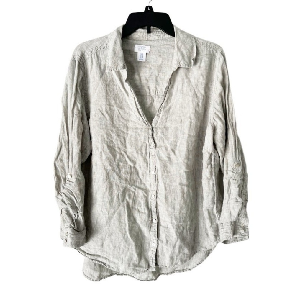 Sigrid Olsen 100% Linen Sage Green Button Down Top Size 1X Coastal Minimalist